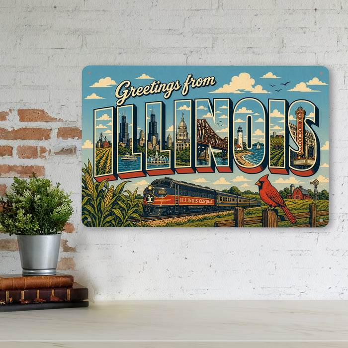Greetings from Illinois metal sign with horizontal vintage 'Greetings from Illinois' large-letter postcard with Chicago