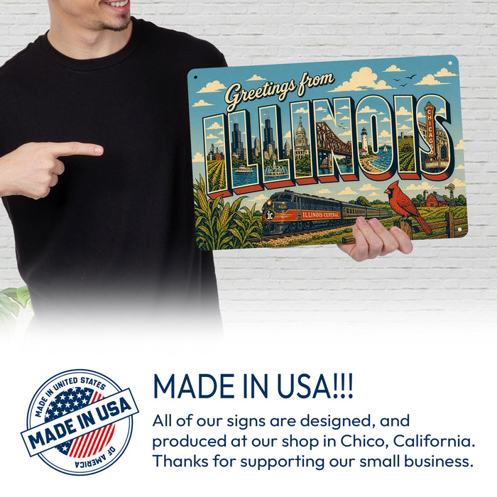 Greetings from Illinois metal sign with horizontal vintage 'Greetings from Illinois' large-letter postcard with Chicago