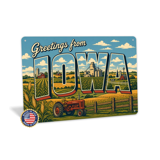Greetings from Iowa metal sign with horizontal vintage 'Greetings from Iowa' large-letter postcard with Iowa cornfields, red