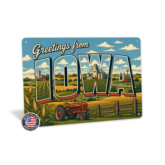 Greetings from Iowa metal sign with horizontal vintage 'Greetings from Iowa' large-letter postcard with Iowa cornfields, red