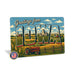 Greetings from Iowa metal sign with horizontal vintage 'Greetings from Iowa' large-letter postcard with Iowa cornfields, red