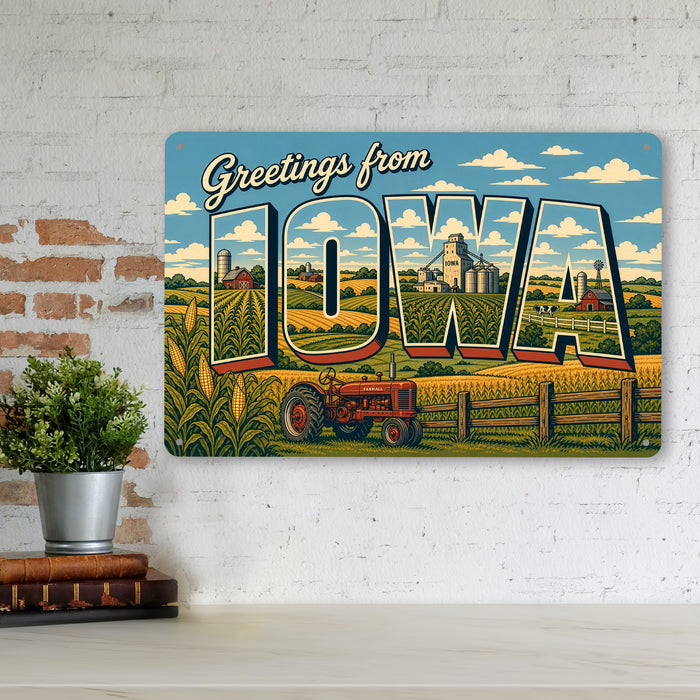 Greetings from Iowa metal sign with horizontal vintage 'Greetings from Iowa' large-letter postcard with Iowa cornfields, red