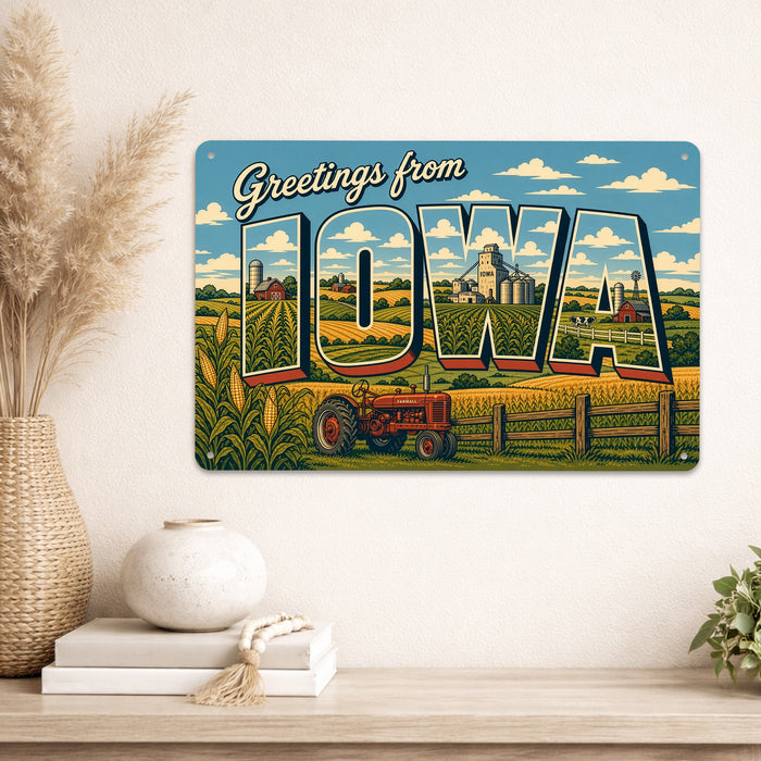 Greetings from Iowa metal sign with horizontal vintage 'Greetings from Iowa' large-letter postcard with Iowa cornfields, red