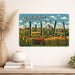 Greetings from Iowa metal sign with horizontal vintage 'Greetings from Iowa' large-letter postcard with Iowa cornfields, red