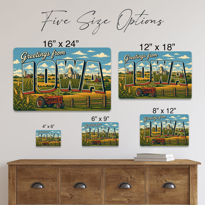 Greetings from Iowa metal sign with horizontal vintage 'Greetings from Iowa' large-letter postcard with Iowa cornfields, red