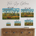 Greetings from Iowa metal sign with horizontal vintage 'Greetings from Iowa' large-letter postcard with Iowa cornfields, red