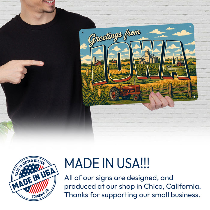 Greetings from Iowa metal sign with horizontal vintage 'Greetings from Iowa' large-letter postcard with Iowa cornfields, red