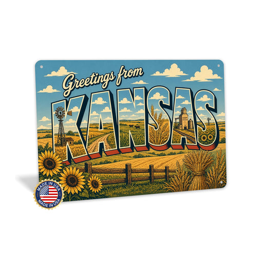 Greetings from Kansas metal sign with horizontal vintage 'Greetings from Kansas' large-letter postcard with Kansas wheat