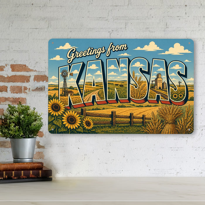 Greetings from Kansas metal sign with horizontal vintage 'Greetings from Kansas' large-letter postcard with Kansas wheat