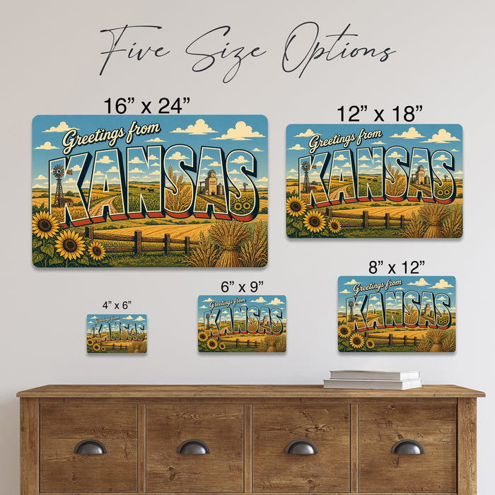 Greetings from Kansas metal sign with horizontal vintage 'Greetings from Kansas' large-letter postcard with Kansas wheat