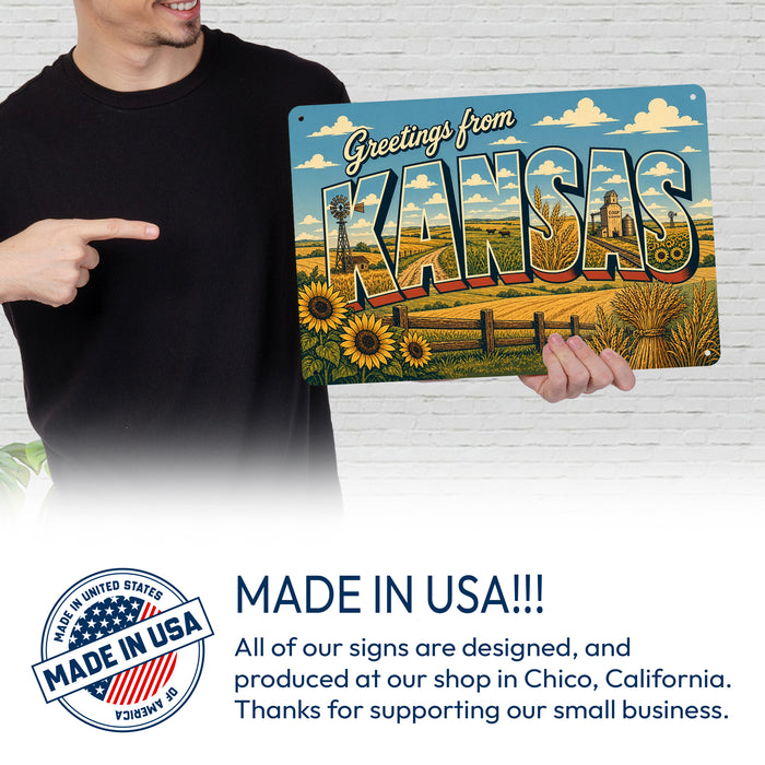 Greetings from Kansas metal sign with horizontal vintage 'Greetings from Kansas' large-letter postcard with Kansas wheat