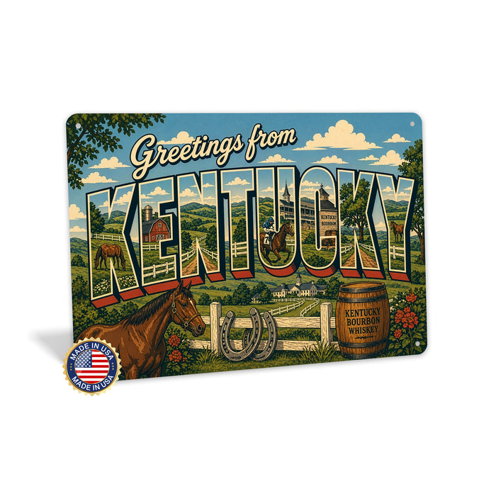 Greetings from Kentucky metal sign with horizontal vintage 'Greetings from Kentucky' large-letter postcard with Kentucky