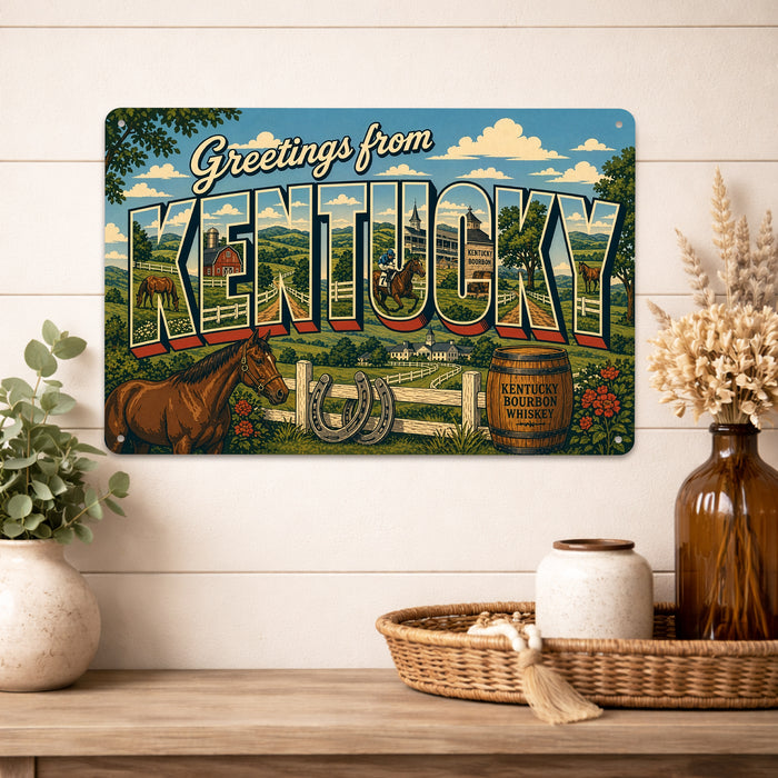 Greetings from Kentucky metal sign with horizontal vintage 'Greetings from Kentucky' large-letter postcard with Kentucky