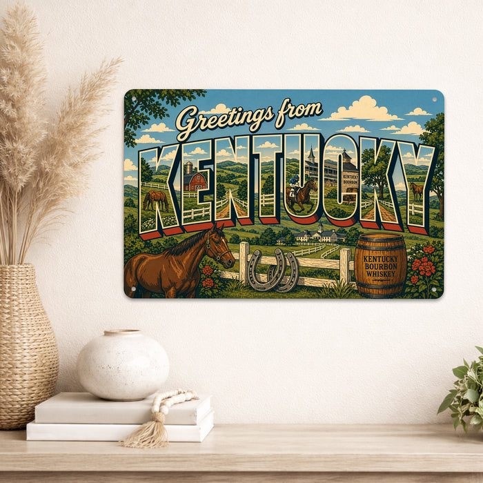 Greetings from Kentucky metal sign with horizontal vintage 'Greetings from Kentucky' large-letter postcard with Kentucky