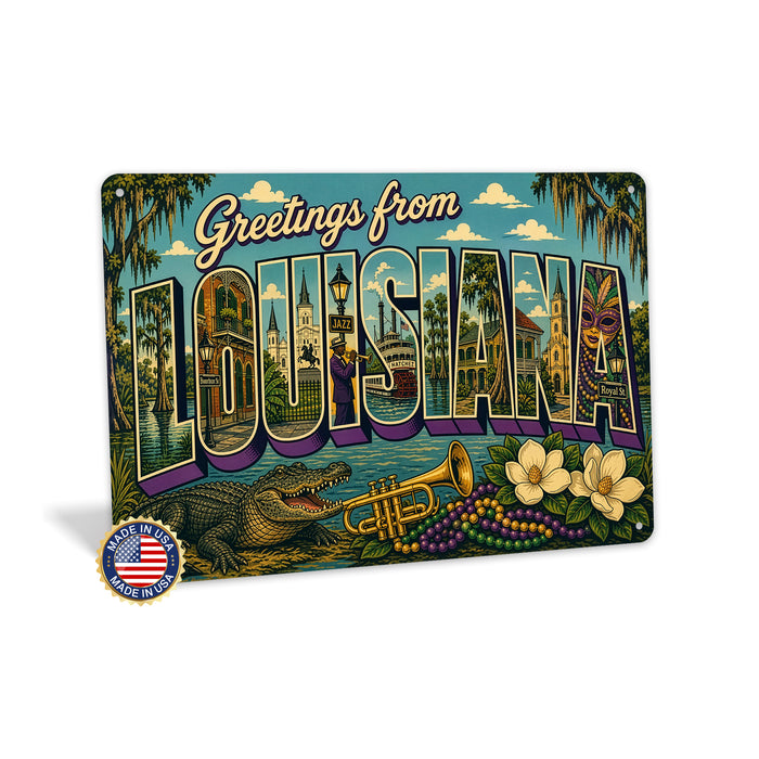 Greetings from Louisiana metal sign with horizontal vintage 'Greetings from Louisiana' large-letter postcard with New