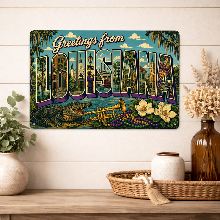 Greetings from Louisiana metal sign with horizontal vintage 'Greetings from Louisiana' large-letter postcard with New
