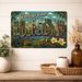 Greetings from Louisiana metal sign with horizontal vintage 'Greetings from Louisiana' large-letter postcard with New