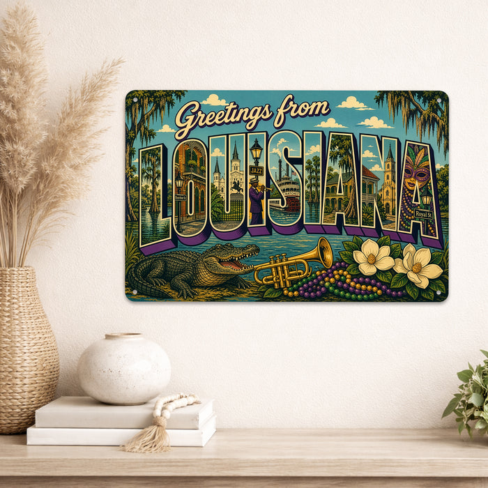 Greetings from Louisiana metal sign with horizontal vintage 'Greetings from Louisiana' large-letter postcard with New