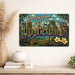 Greetings from Louisiana metal sign with horizontal vintage 'Greetings from Louisiana' large-letter postcard with New