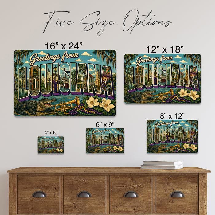 Greetings from Louisiana metal sign with horizontal vintage 'Greetings from Louisiana' large-letter postcard with New