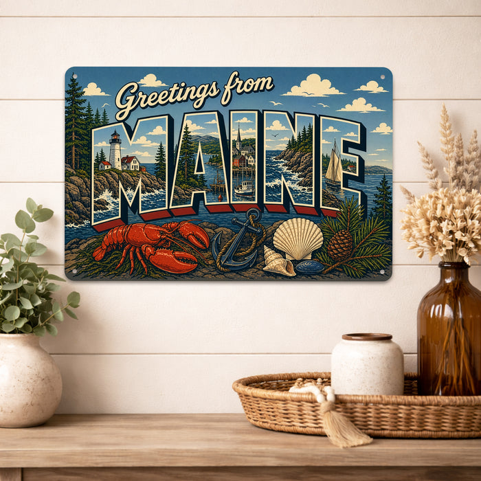 Greetings from Maine metal sign with horizontal vintage 'Greetings from Maine' large-letter postcard with Maine lighthouse