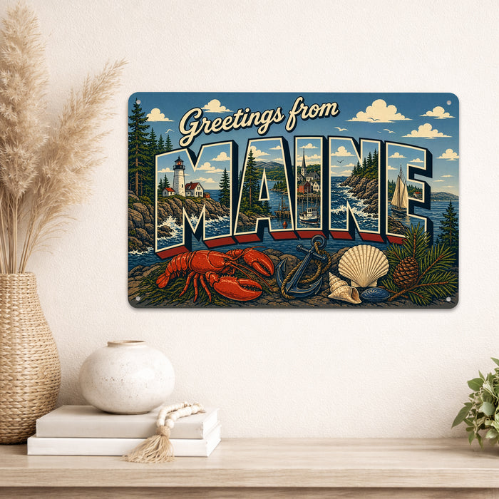 Greetings from Maine metal sign with horizontal vintage 'Greetings from Maine' large-letter postcard with Maine lighthouse