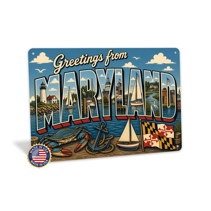 Greetings from Maryland metal sign with horizontal vintage 'Greetings from Maryland' large-letter postcard with Annapolis