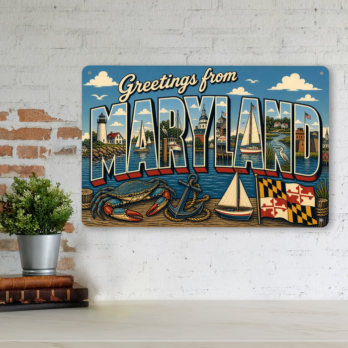 Greetings from Maryland metal sign with horizontal vintage 'Greetings from Maryland' large-letter postcard with Annapolis