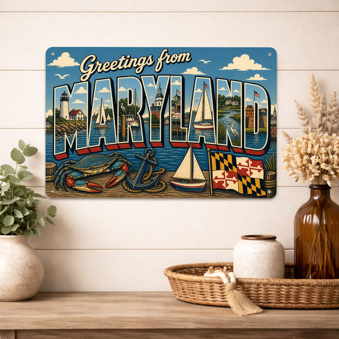 Greetings from Maryland metal sign with horizontal vintage 'Greetings from Maryland' large-letter postcard with Annapolis