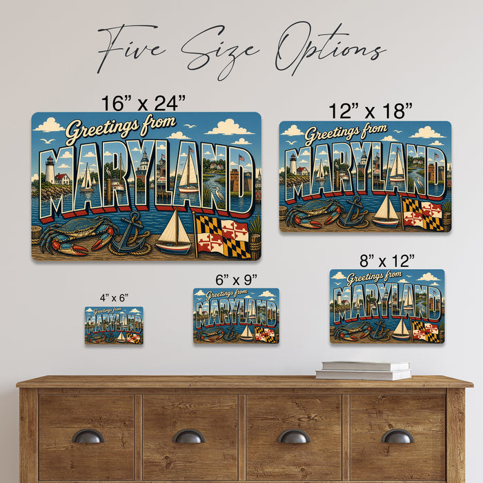 Greetings from Maryland metal sign with horizontal vintage 'Greetings from Maryland' large-letter postcard with Annapolis