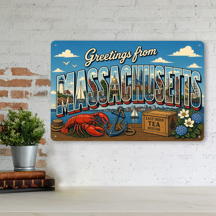 Greetings from Massachusetts metal sign with horizontal vintage 'Greetings from Massachusetts' large-letter postcard with