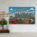 Greetings from Massachusetts metal sign with horizontal vintage 'Greetings from Massachusetts' large-letter postcard with