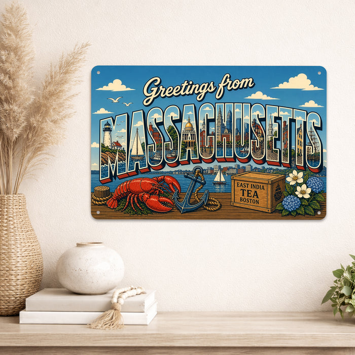 Greetings from Massachusetts metal sign with horizontal vintage 'Greetings from Massachusetts' large-letter postcard with