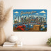 Greetings from Massachusetts metal sign with horizontal vintage 'Greetings from Massachusetts' large-letter postcard with