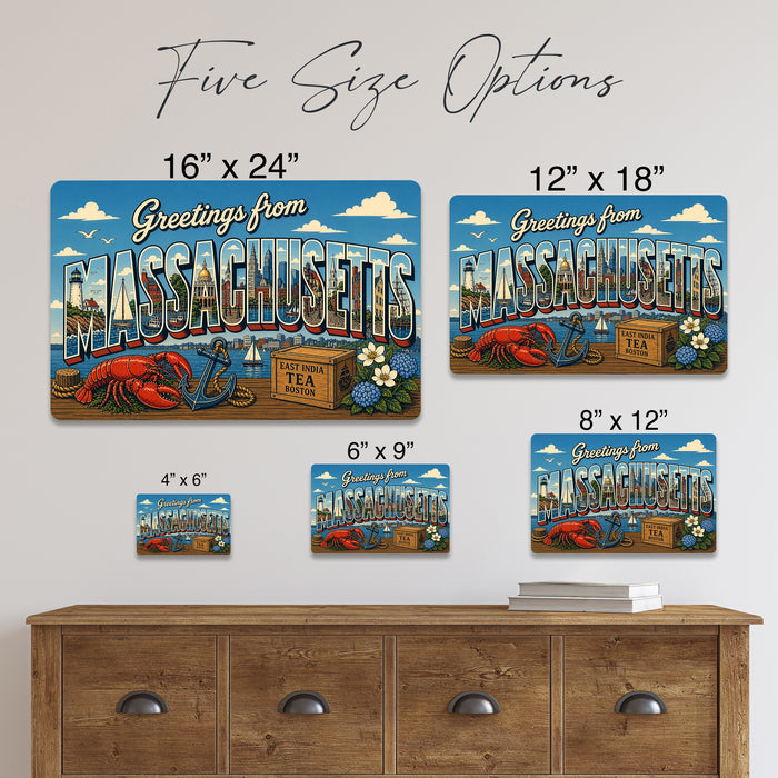 Greetings from Massachusetts metal sign with horizontal vintage 'Greetings from Massachusetts' large-letter postcard with