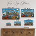 Greetings from Massachusetts metal sign with horizontal vintage 'Greetings from Massachusetts' large-letter postcard with