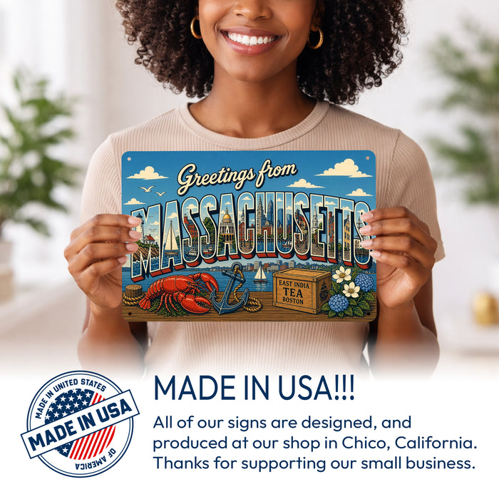 Greetings from Massachusetts metal sign with horizontal vintage 'Greetings from Massachusetts' large-letter postcard with
