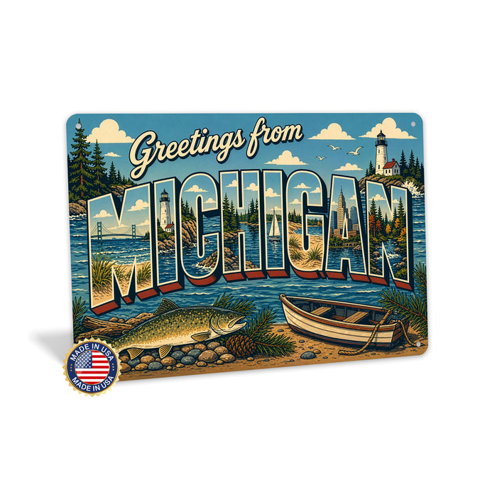 Greetings from Michigan metal sign with horizontal vintage 'Greetings from Michigan' large-letter postcard with Mackinac