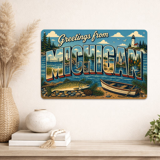 Greetings from Michigan metal sign with horizontal vintage 'Greetings from Michigan' large-letter postcard with Mackinac