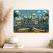 Greetings from Michigan metal sign with horizontal vintage 'Greetings from Michigan' large-letter postcard with Mackinac