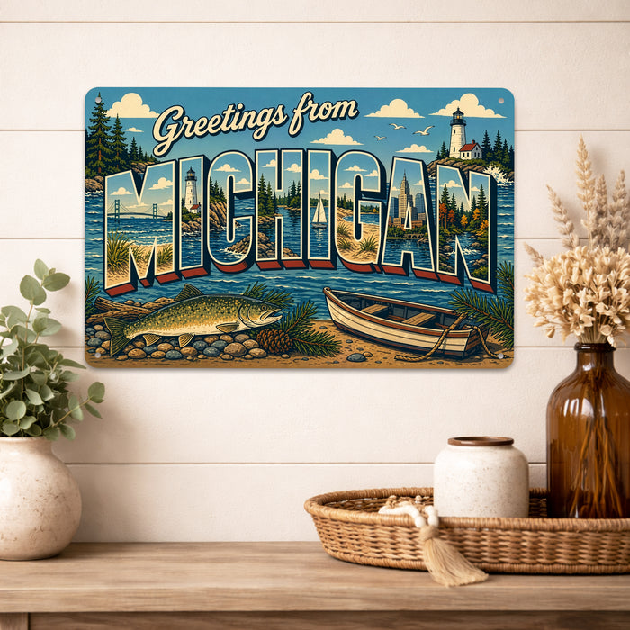 Greetings from Michigan metal sign with horizontal vintage 'Greetings from Michigan' large-letter postcard with Mackinac