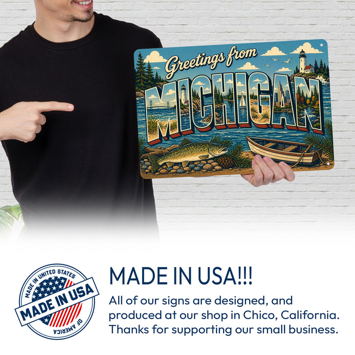 Greetings from Michigan metal sign with horizontal vintage 'Greetings from Michigan' large-letter postcard with Mackinac
