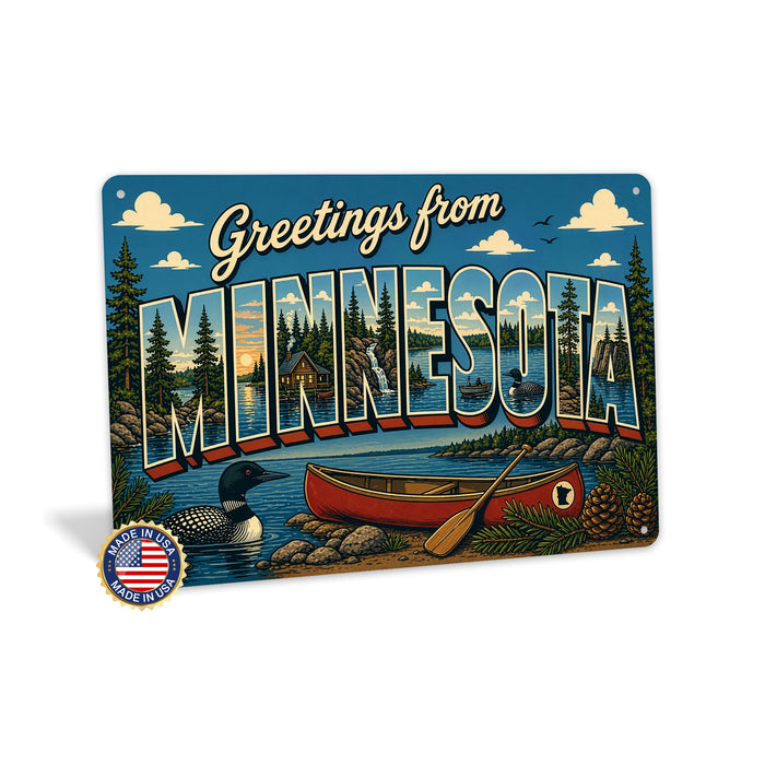 Greetings from Minnesota metal sign with horizontal vintage 'Greetings from Minnesota' large-letter postcard with Minnesota