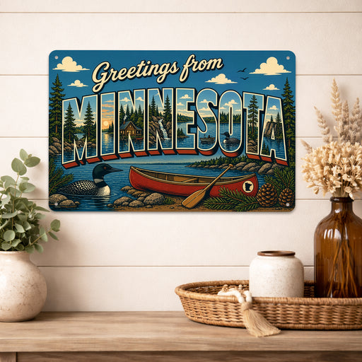 Greetings from Minnesota metal sign with horizontal vintage 'Greetings from Minnesota' large-letter postcard with Minnesota