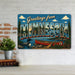 Greetings from Minnesota metal sign with horizontal vintage 'Greetings from Minnesota' large-letter postcard with Minnesota
