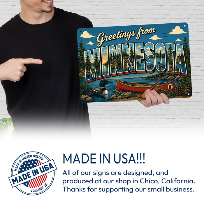 Greetings from Minnesota metal sign with horizontal vintage 'Greetings from Minnesota' large-letter postcard with Minnesota