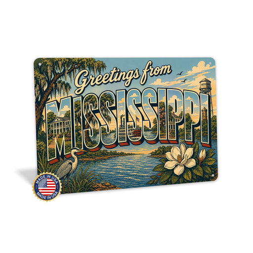 Greetings from Mississippi metal sign with horizontal vintage 'Greetings from Mississippi' large-letter postcard with