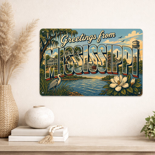 Greetings from Mississippi metal sign with horizontal vintage 'Greetings from Mississippi' large-letter postcard with