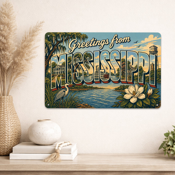 Greetings from Mississippi metal sign with horizontal vintage 'Greetings from Mississippi' large-letter postcard with