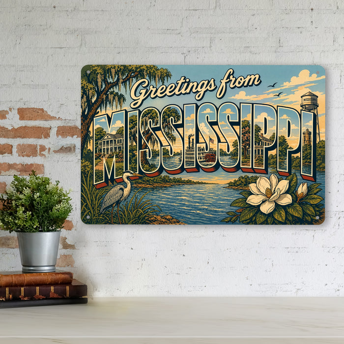 Greetings from Mississippi metal sign with horizontal vintage 'Greetings from Mississippi' large-letter postcard with